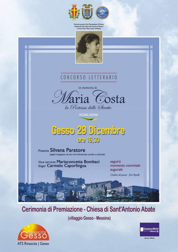 Il 29 dicembre a Messina la seconda edizione del concorso letterario dedicato alla poetessa dello stretto ” Maria Costa”