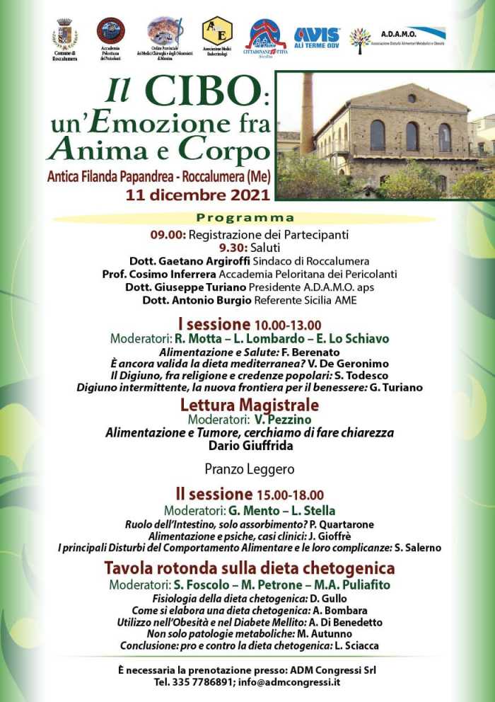 Sabato 11 dicembre a Roccalumera il convegno “IL CIBO : UN’EMOZIONE FRA ANIMA E CORPO”